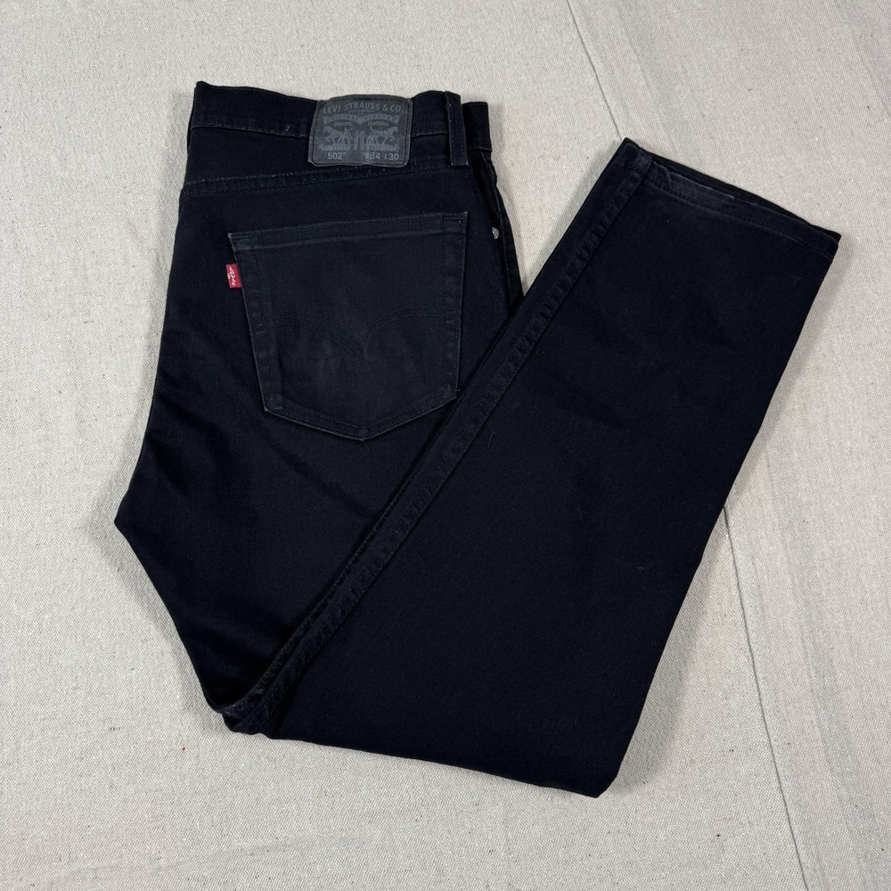 Levis 502 Regular Fit Tapered Leg Jeans Mens 34x32 Black Denim Cotton Blend Zip
